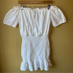 ASOS DESIGN Eyelet mini smocked Off Shoulders Dress white Size 6 Boho Preppy
